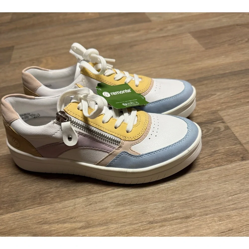Remonte Women Pastel Colorblock Leather Sneakers Side Zip Low Top White Yellow - Picture 4 of 9